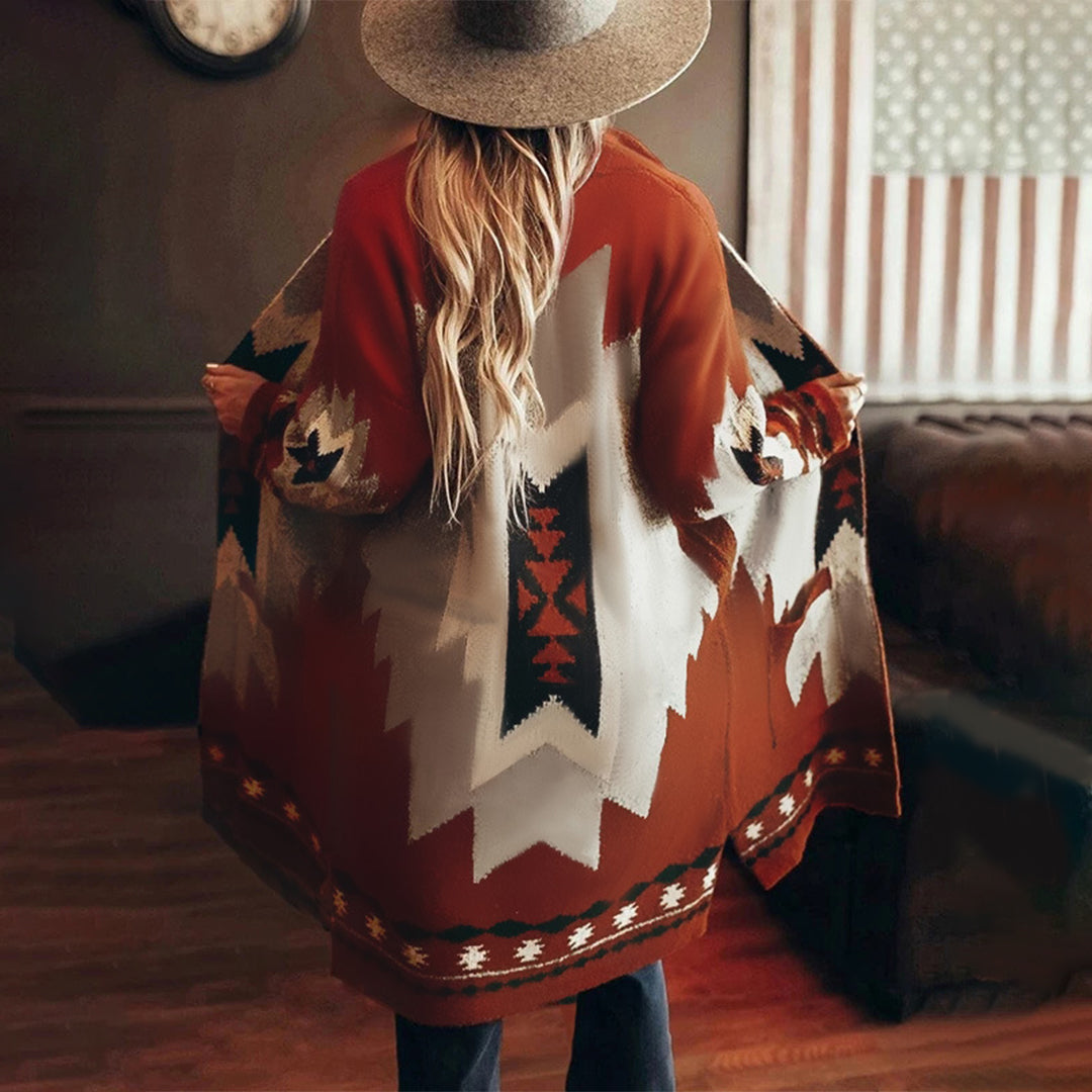 Lang frakke med aztekisk motiv