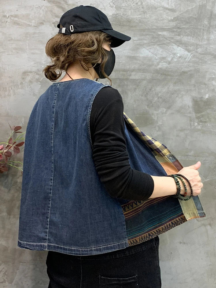 Retro patchwork jeans top uden ærmer til kvinder