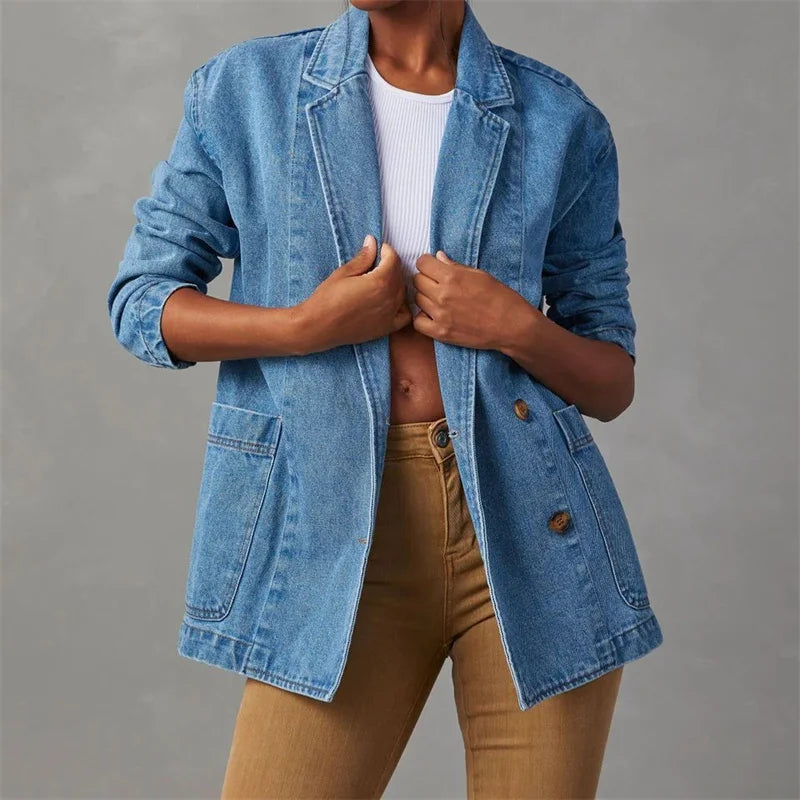 Denim cardigan med store lommer til kvinder