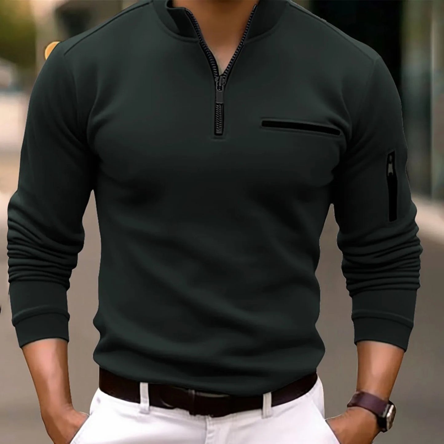 Langærmet poloshirt med lynlås til mænd