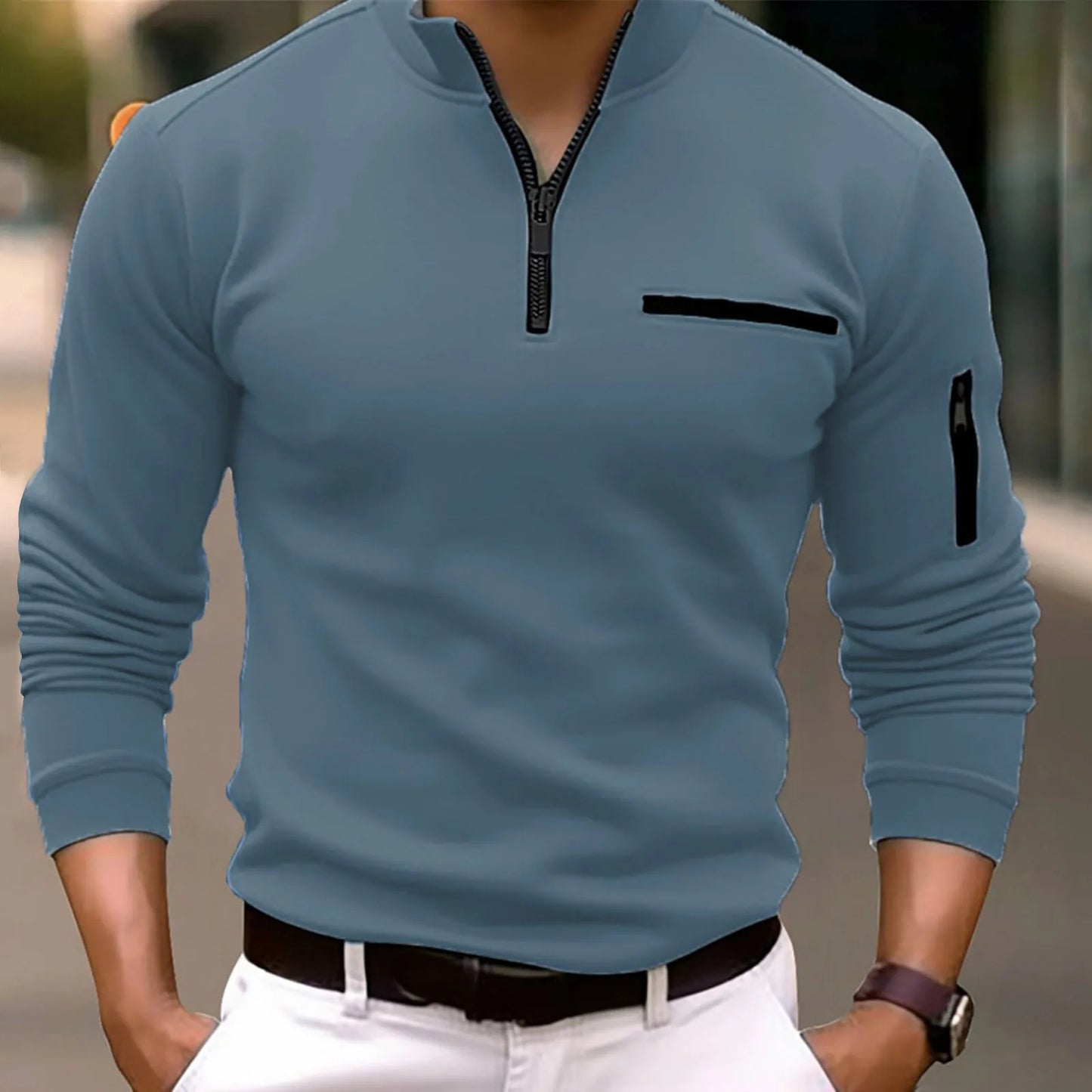 Langærmet poloshirt med lynlås til mænd