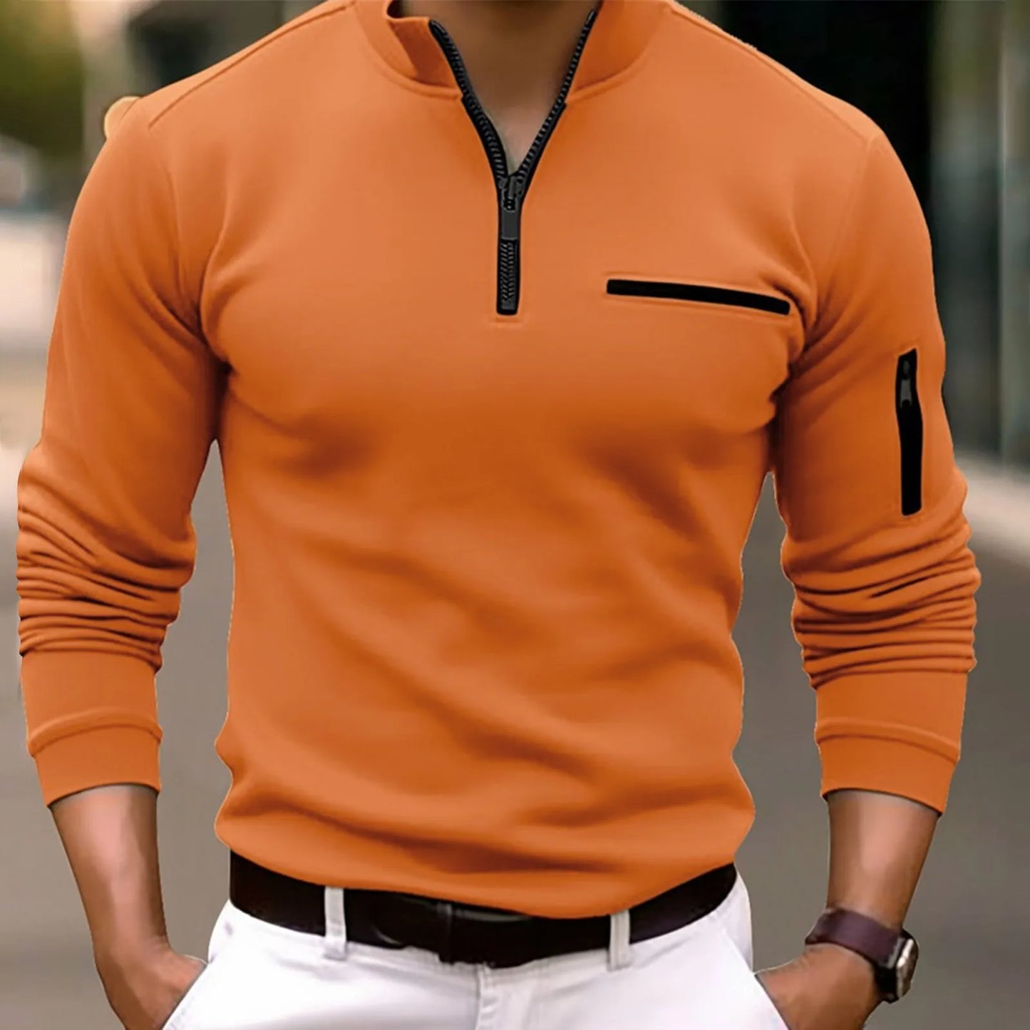 Langærmet poloshirt med lynlås til mænd