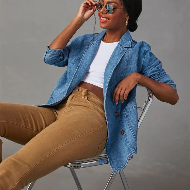 Denim cardigan med store lommer til kvinder