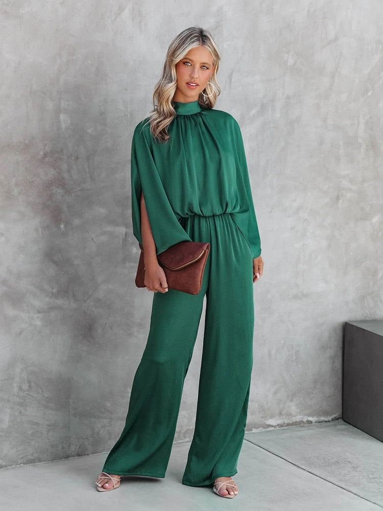 Elegant grøn jumpsuit med høj krave til kvinder