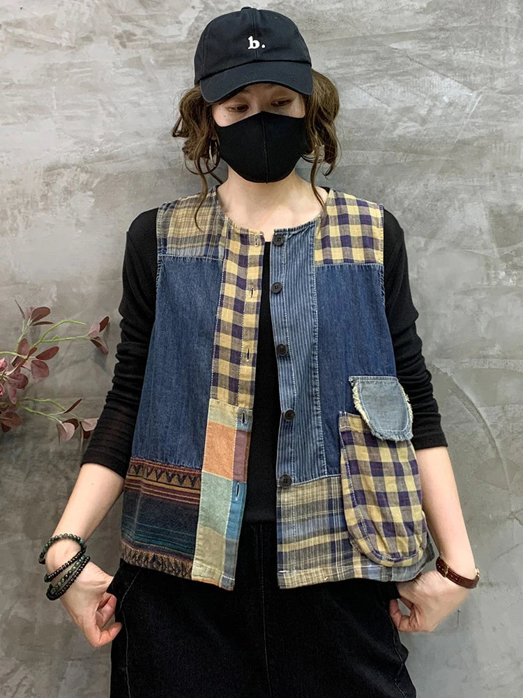 Retro patchwork jeans top uden ærmer til kvinder