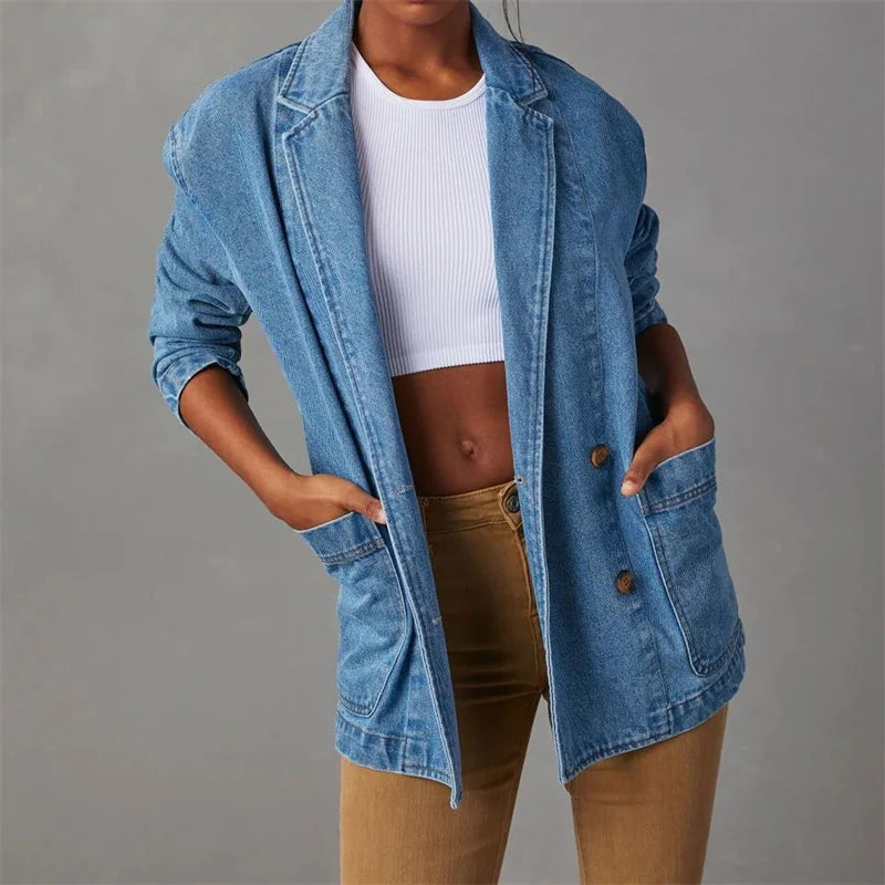 Denim cardigan med store lommer til kvinder