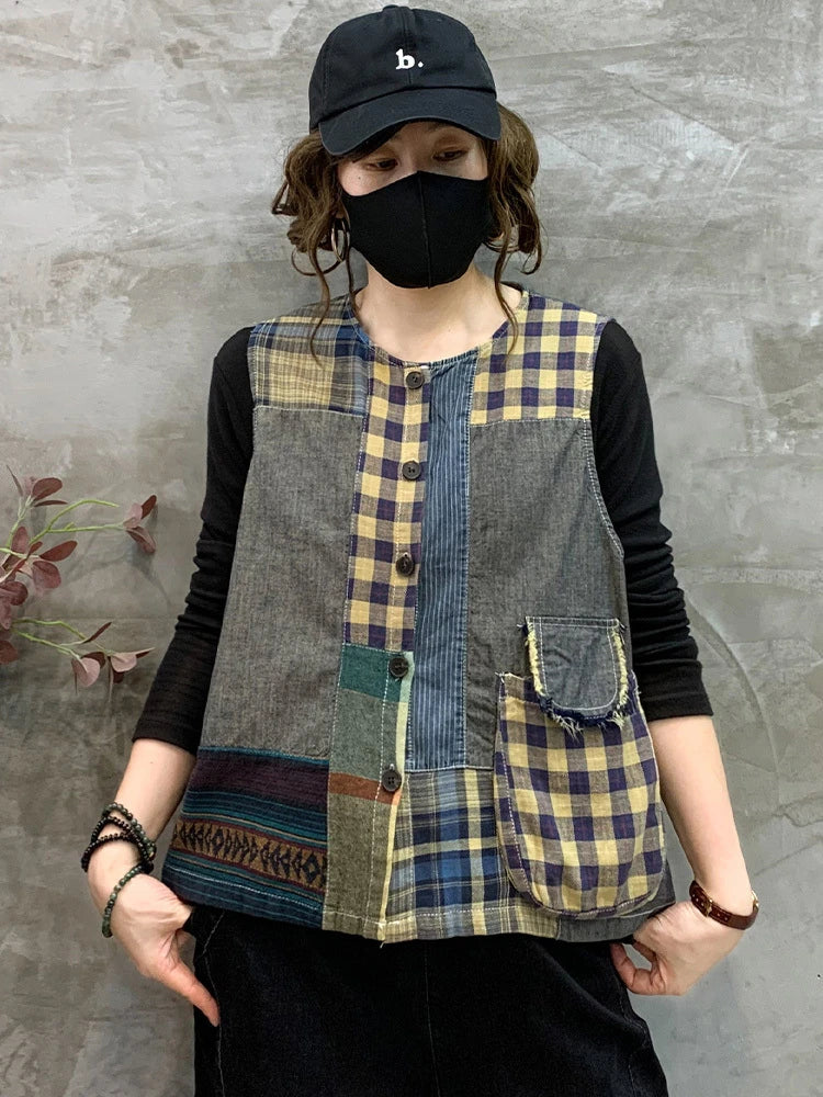 Retro patchwork jeans top uden ærmer til kvinder