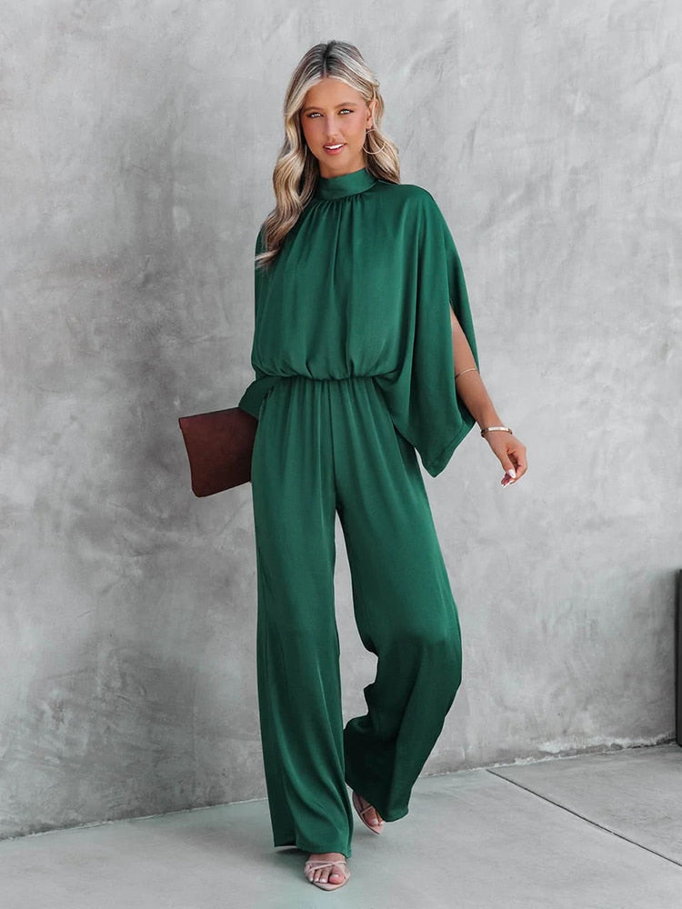 Elegant grøn jumpsuit med høj krave til kvinder