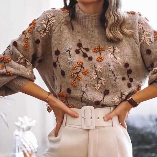 Turtleneck | Hyggelig, elegant striktrøje til kvinder med bladmønster