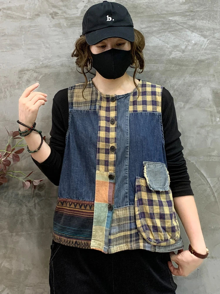 Retro patchwork jeans top uden ærmer til kvinder