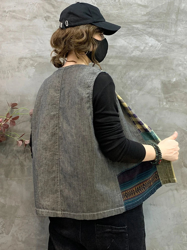 Retro patchwork jeans top uden ærmer til kvinder