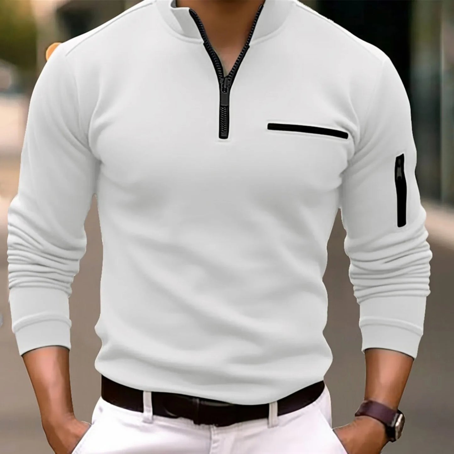 Langærmet poloshirt med lynlås til mænd
