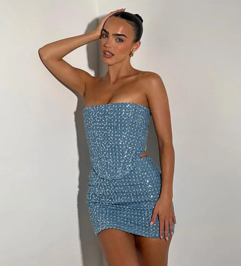 Glitter sæt denim top + nederdel