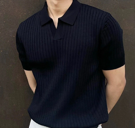 Strikket poloshirt, casual, V-hals, kortærmet til herrer