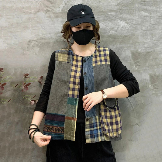 Retro patchwork jeans top uden ærmer til kvinder