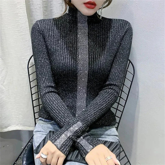 Glitter-ribbet rullekravesweater til kvinder
