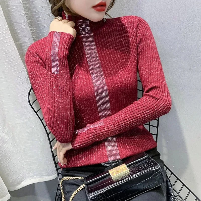 Glitter-ribbet rullekravesweater til kvinder