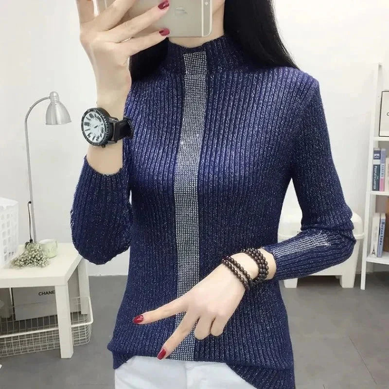 Glitter-ribbet rullekravesweater til kvinder