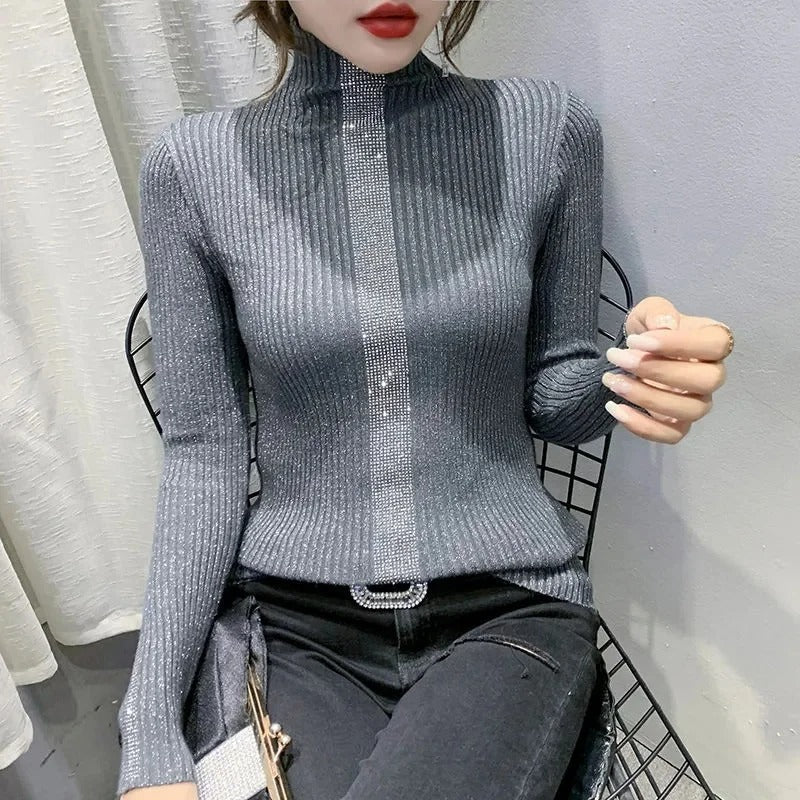 Glitter-ribbet rullekravesweater til kvinder