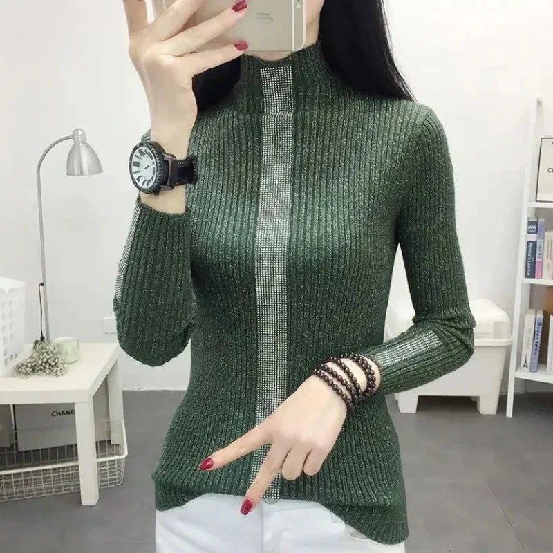 Glitter-ribbet rullekravesweater til kvinder