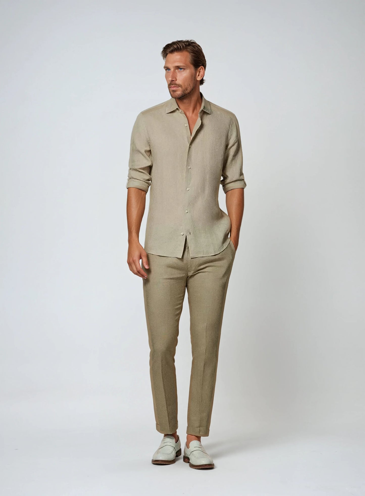 Langærmet khaki polo med knapper