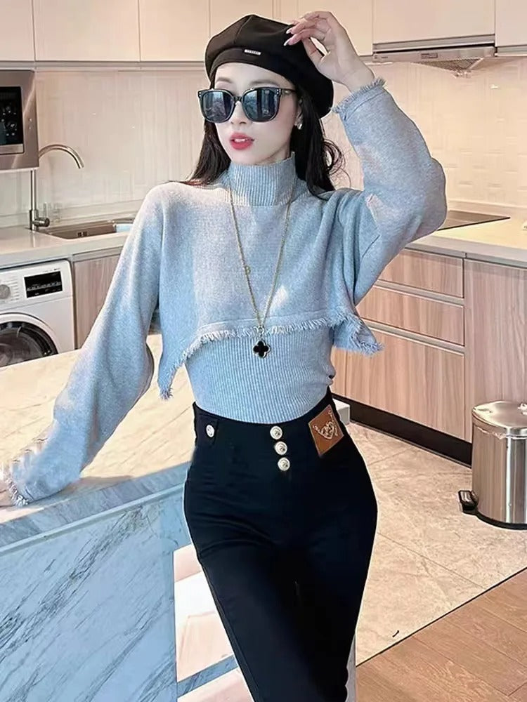 Cropped sweater med høj hals til kvinder