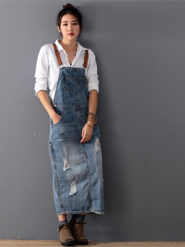 Slitt denim kjoledress til kvinder