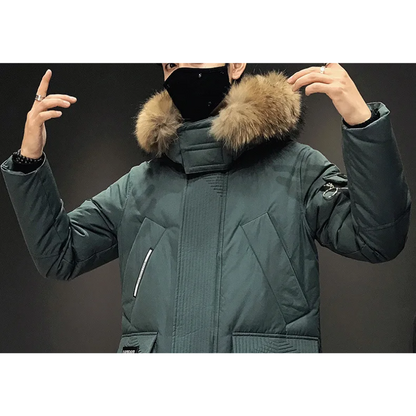 Parka vinterfrakke til mænd med pelshætte og lange ærmer