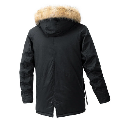 Parka vinterfrakke til mænd med pelshætte og lynlåslommer
