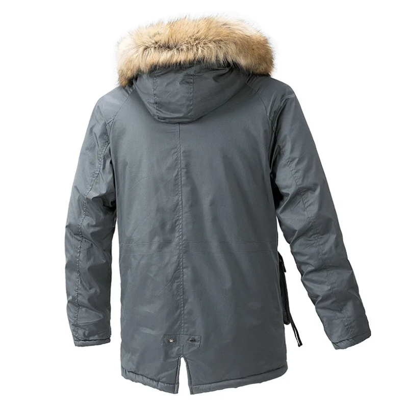 Parka vinterfrakke til mænd med pelshætte og lynlåslommer