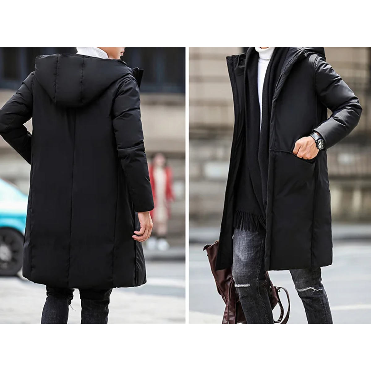 Parka vinterjakke til mænd, lang model med hætte og lommer