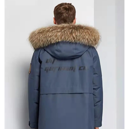 Parka vinterfrakke til mænd med pelshætte og vindtæt materiale