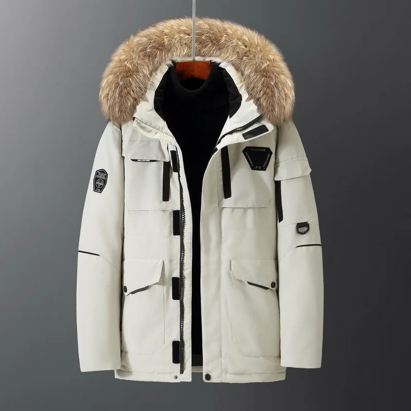 Parka vinterfrakke til mænd med tyk pelskrave og lynlåslukning