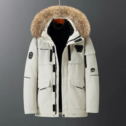 Parka vinterfrakke til mænd med tyk pelskrave og lynlåslukning