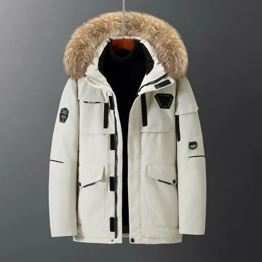 Parka vinterfrakke til mænd med tyk pelskrave og lynlåslukning