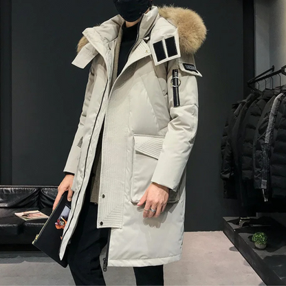 Parka vinterfrakke til mænd med pelshætte og lange ærmer