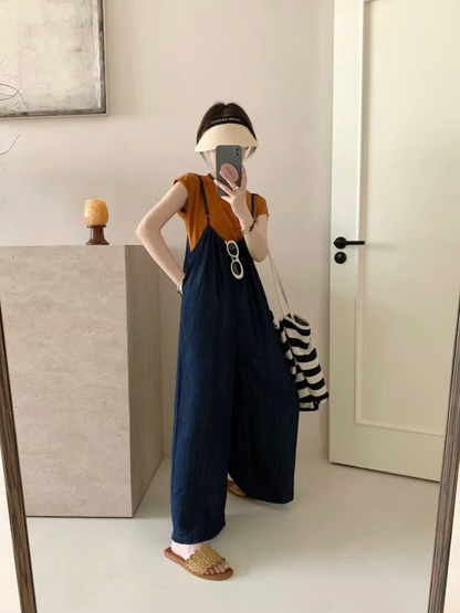 Okkerfarvet jumpsuit i denim til kvinder