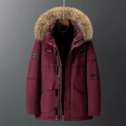 Parka vinterfrakke til mænd med tyk pelskrave og lynlåslukning