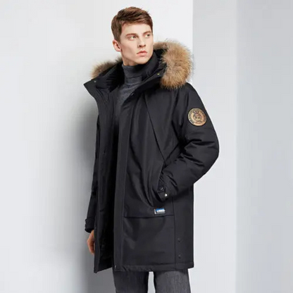 Parka vinterfrakke til mænd med pelshætte og vindtæt materiale