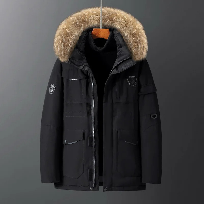 Parka vinterfrakke til mænd med tyk pelskrave og lynlåslukning