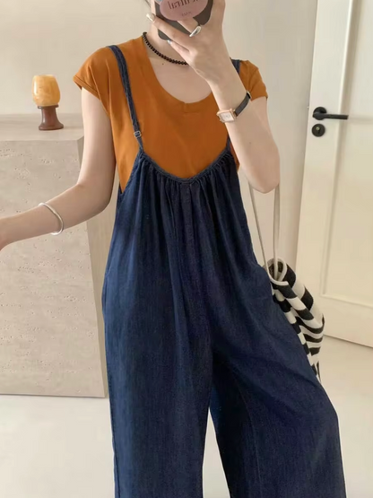 Okkerfarvet jumpsuit i denim til kvinder