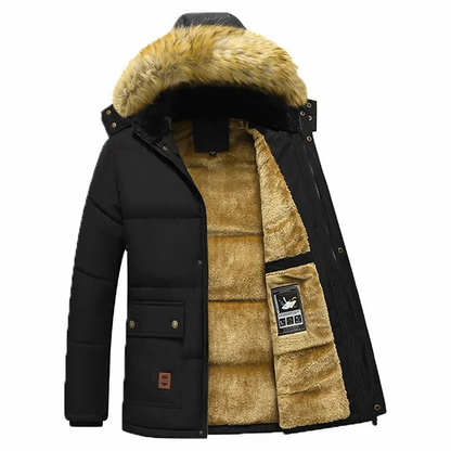 Parka vinterfrakke til mænd med pelshætte og fleeceforing