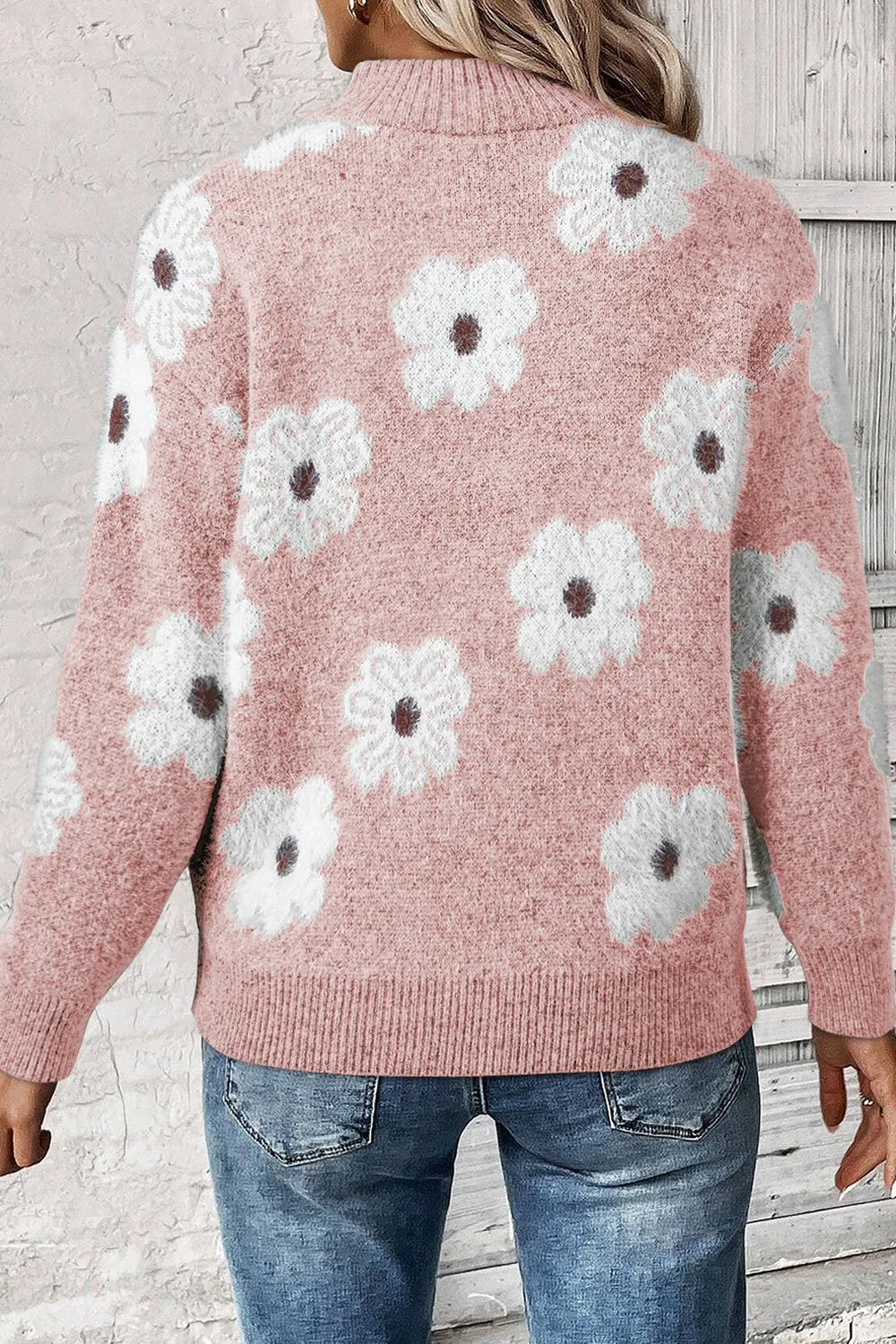 Blomstret sweater med halv lynlås til kvinder
