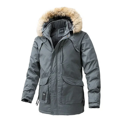 Parka vinterfrakke til mænd med pelshætte og lynlåslommer