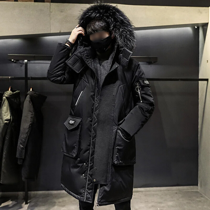 Parka vinterfrakke til mænd med pelshætte og lange ærmer