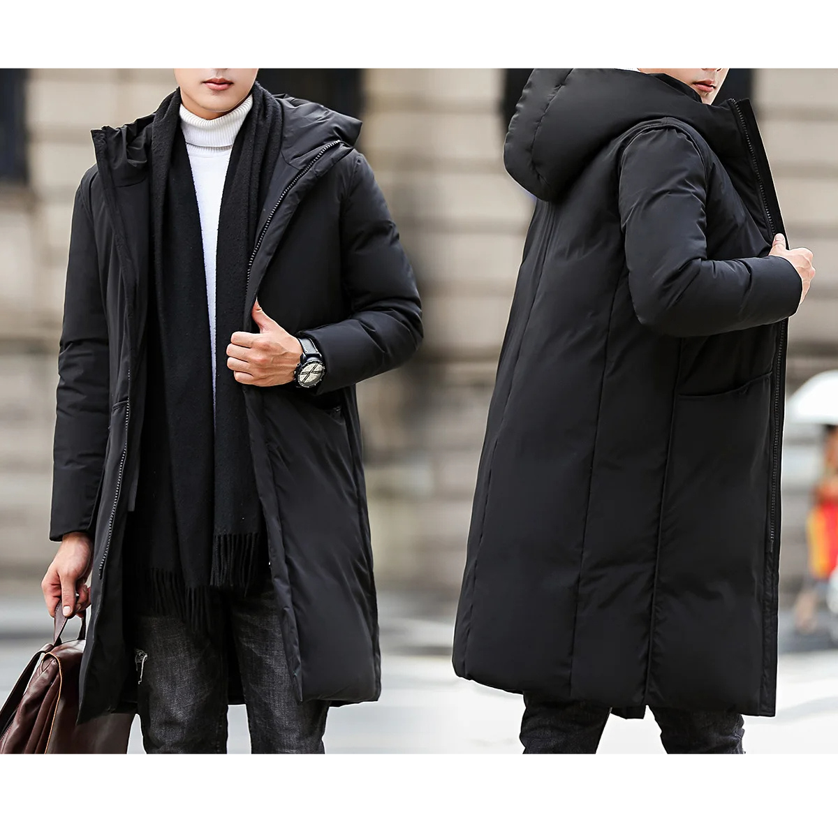 Parka vinterjakke til mænd, lang model med hætte og lommer