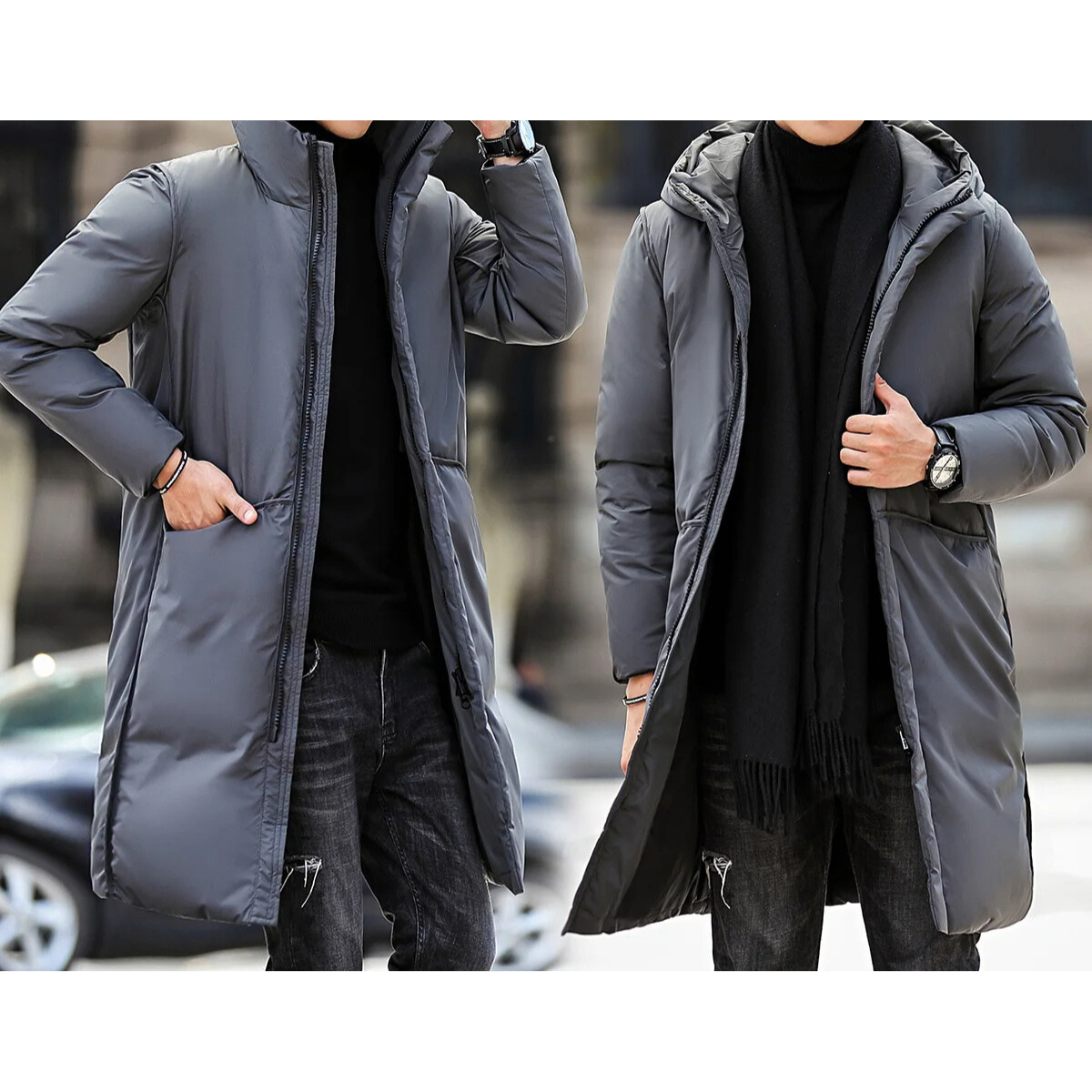 Parka vinterjakke til mænd, lang model med hætte og lommer
