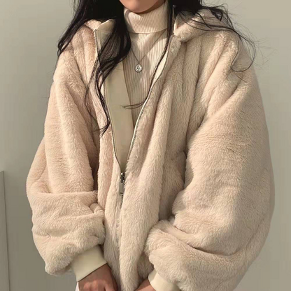 Oversized teddyjakke med hætte | Vendbar quiltet damefrakke