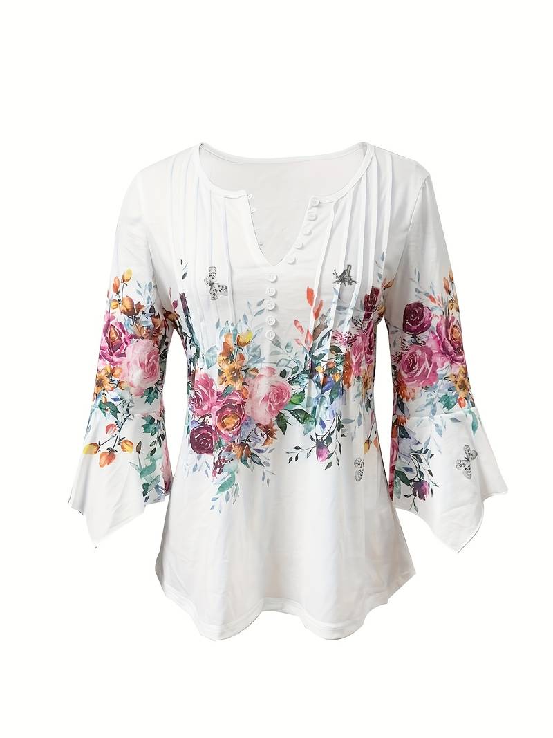 Bluse med notch-hals og blomstermønster til kvinder
