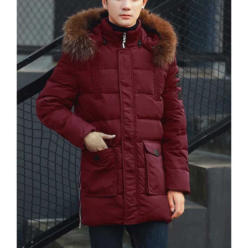 Parka vinterfrakke til mænd med pelshætte og varmt